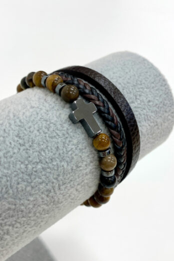 Armband leer/kralen kruisje bruin 19cm