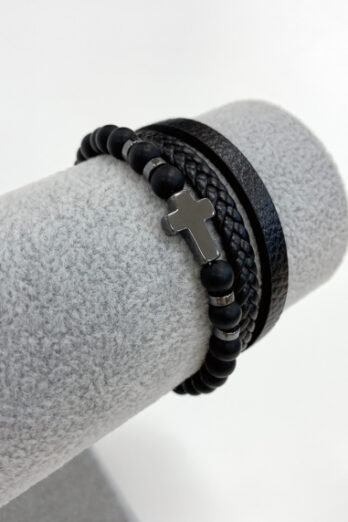 Armband leer/kralen kruisje zwart 19cm